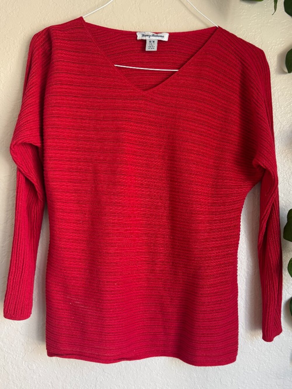 Tommy Bahama Red Open Knit V-Neck Sweater Women’s Medium Lightweight